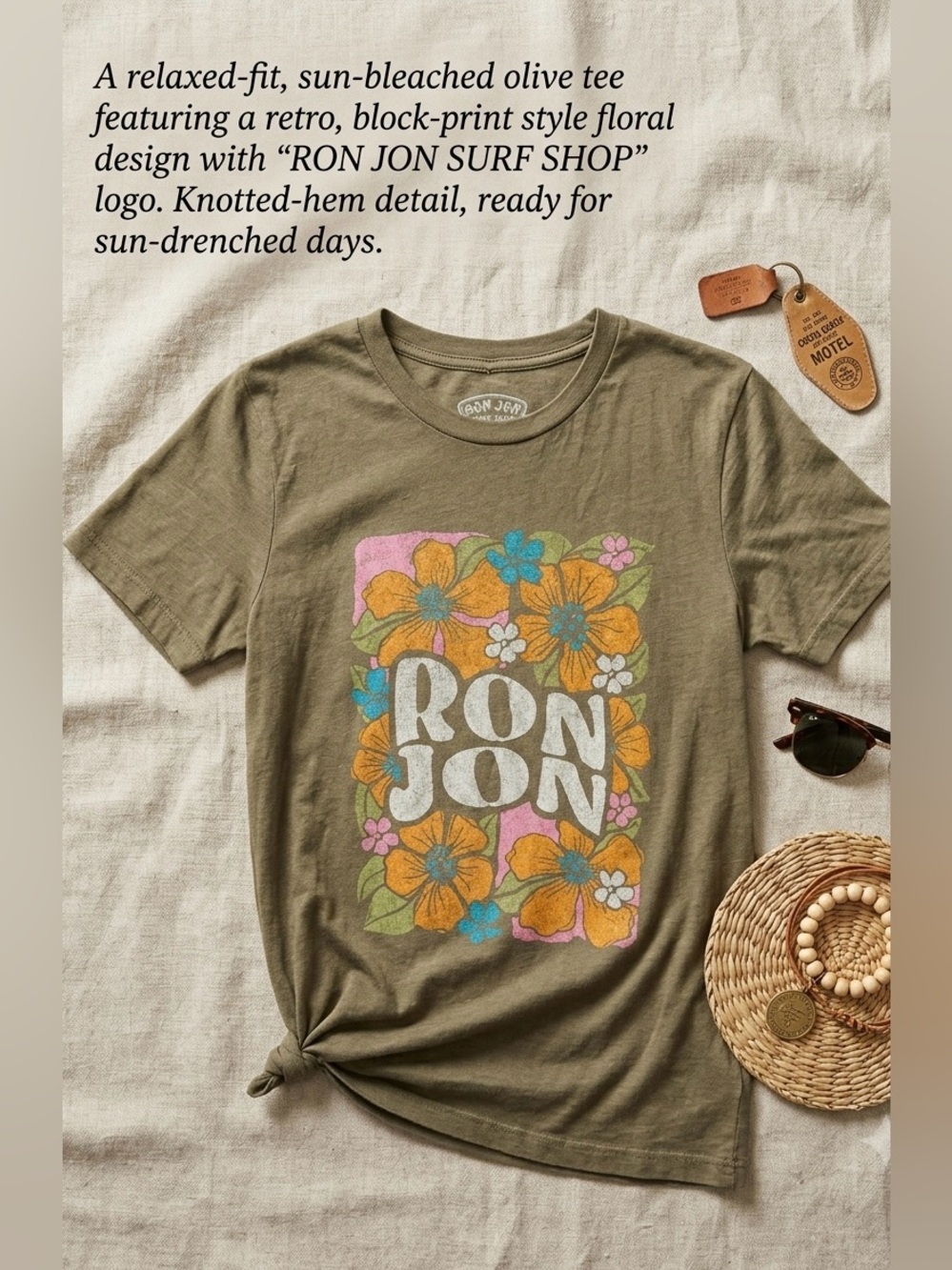 Ron Jon Olive Tee with Retro Floral Print